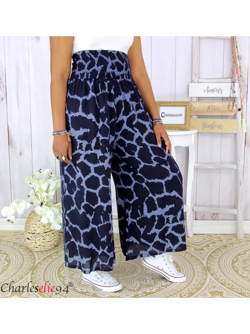 Pantalon large ete fluide JUANI femme grande taille elastiquee marine