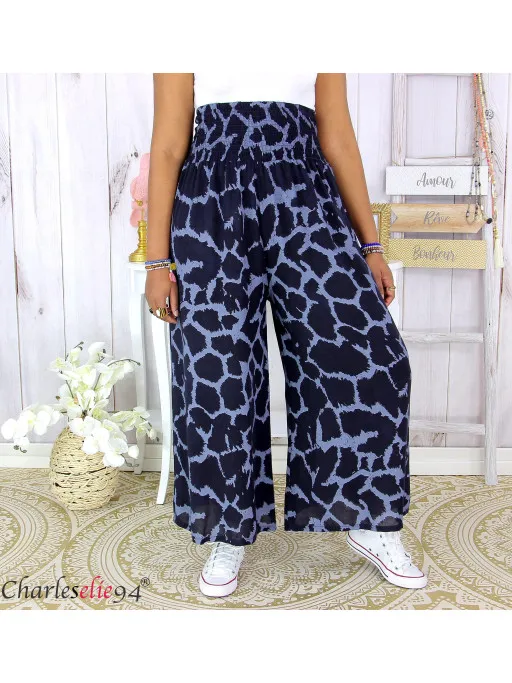 Pantalon large ete fluide JUANI femme grande taille elastiquee marine